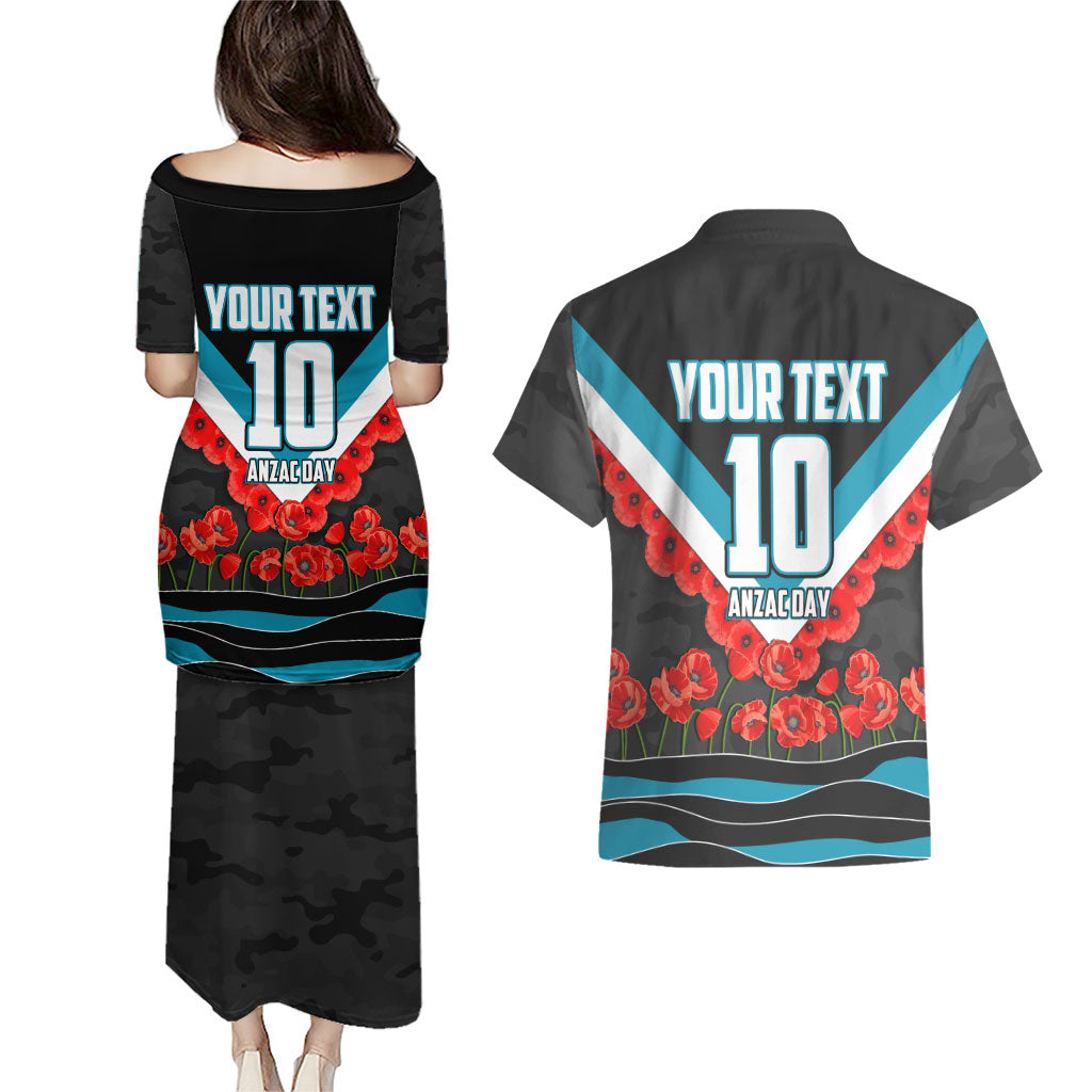 Personalised Port Adelaide Power ANZAC Couples Matching Puletasi and Hawaiian Shirt Military Remembrance Australian Football Mascot Camouflage