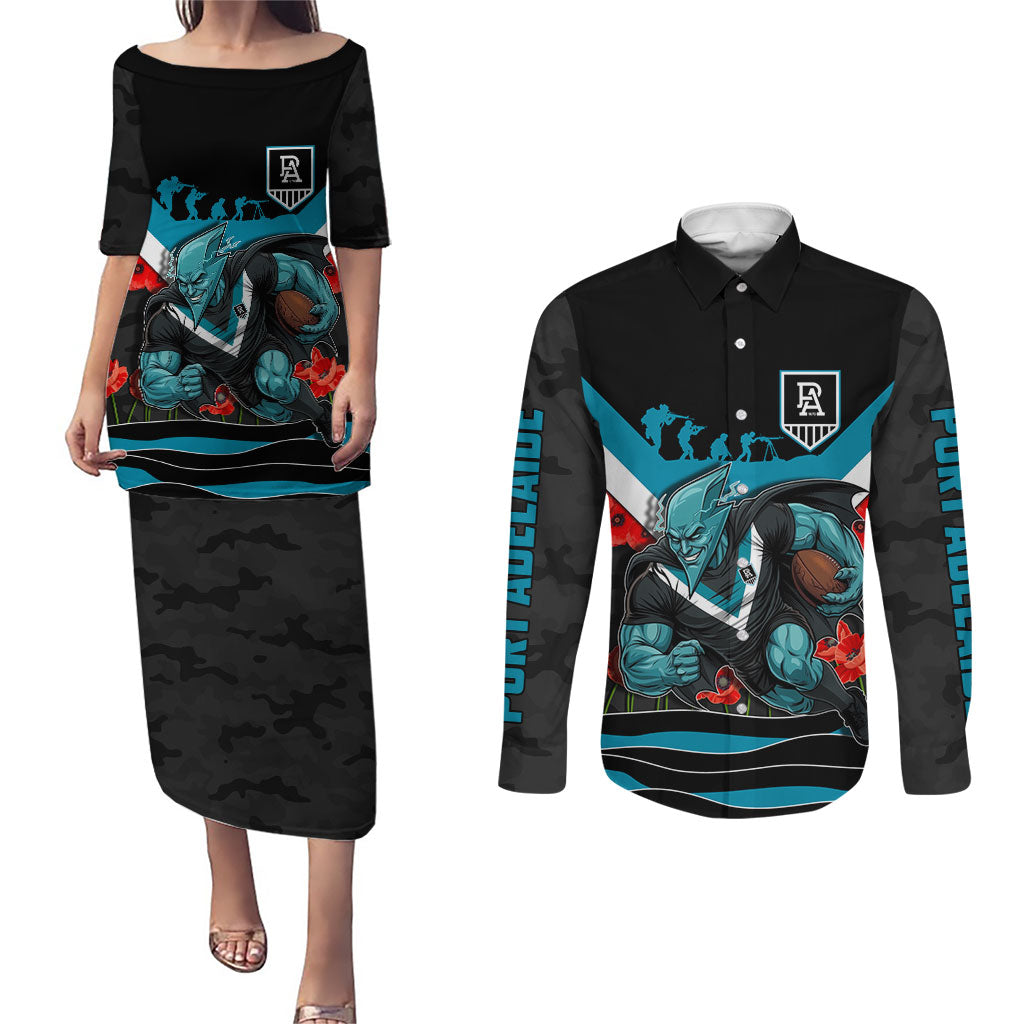 Personalised Port Adelaide Power ANZAC Couples Matching Puletasi and Long Sleeve Button Shirt Military Remembrance Australian Football Mascot Camouflage