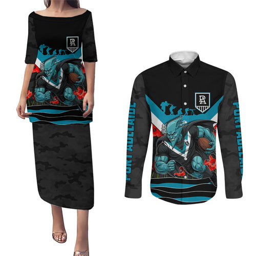 Personalised Port Adelaide Power ANZAC Couples Matching Puletasi and Long Sleeve Button Shirt Military Remembrance Australian Football Mascot Camouflage