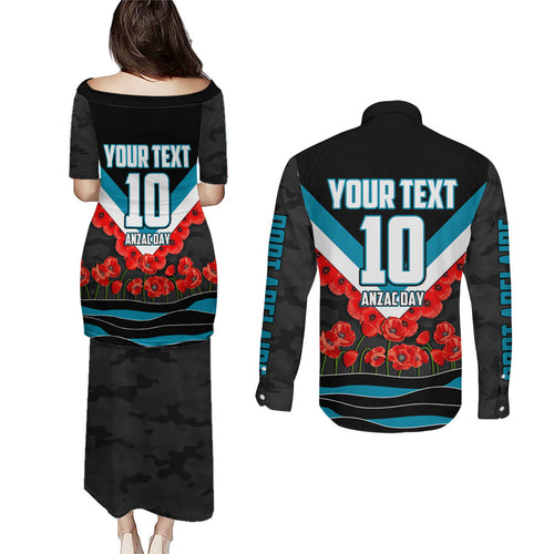 Personalised Port Adelaide Power ANZAC Couples Matching Puletasi and Long Sleeve Button Shirt Military Remembrance Australian Football Mascot Camouflage