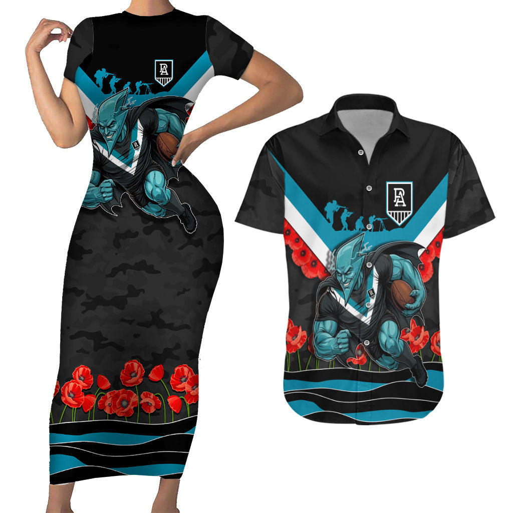 Personalised Port Adelaide Power ANZAC Couples Matching Short Sleeve Bodycon Dress and Hawaiian Shirt Military Remembrance Australian Football Mascot Camouflage