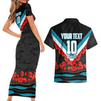Personalised Port Adelaide Power ANZAC Couples Matching Short Sleeve Bodycon Dress and Hawaiian Shirt Military Remembrance Australian Football Mascot Camouflage