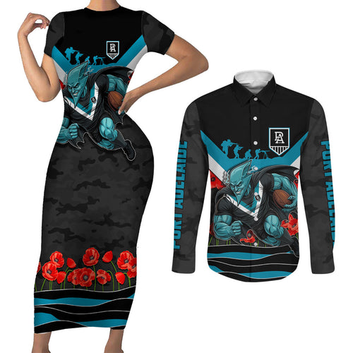 Personalised Port Adelaide Power ANZAC Couples Matching Short Sleeve Bodycon Dress and Long Sleeve Button Shirt Military Remembrance Australian Football Mascot Camouflage