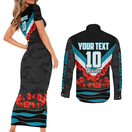 Personalised Port Adelaide Power ANZAC Couples Matching Short Sleeve Bodycon Dress and Long Sleeve Button Shirt Military Remembrance Australian Football Mascot Camouflage