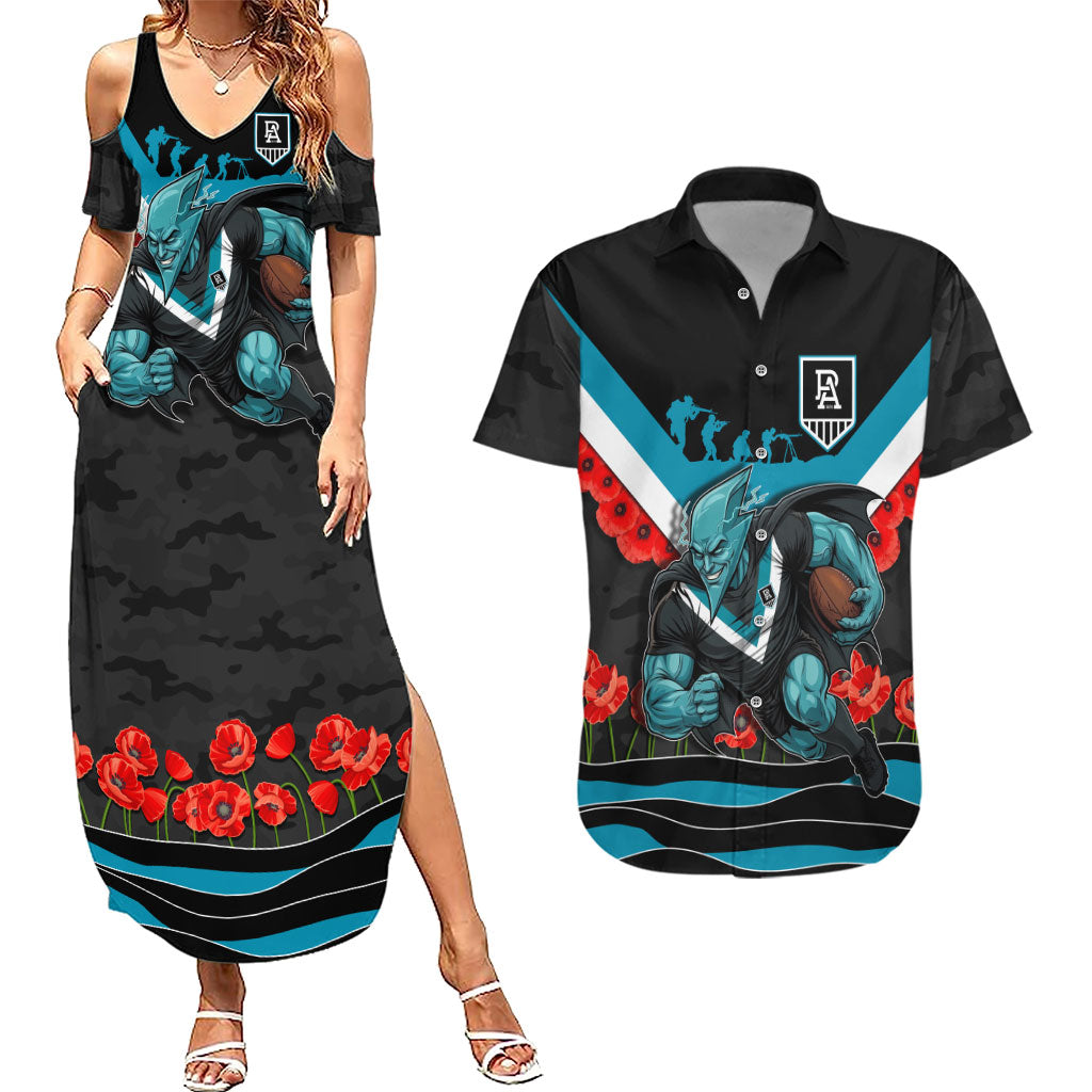 Personalised Port Adelaide Power ANZAC Couples Matching Summer Maxi Dress and Hawaiian Shirt Military Remembrance Australian Football Mascot Camouflage