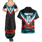 Personalised Port Adelaide Power ANZAC Couples Matching Summer Maxi Dress and Hawaiian Shirt Military Remembrance Australian Football Mascot Camouflage
