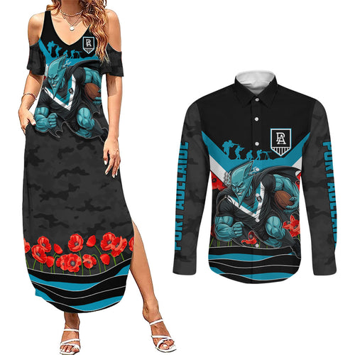 Personalised Port Adelaide Power ANZAC Couples Matching Summer Maxi Dress and Long Sleeve Button Shirt Military Remembrance Australian Football Mascot Camouflage