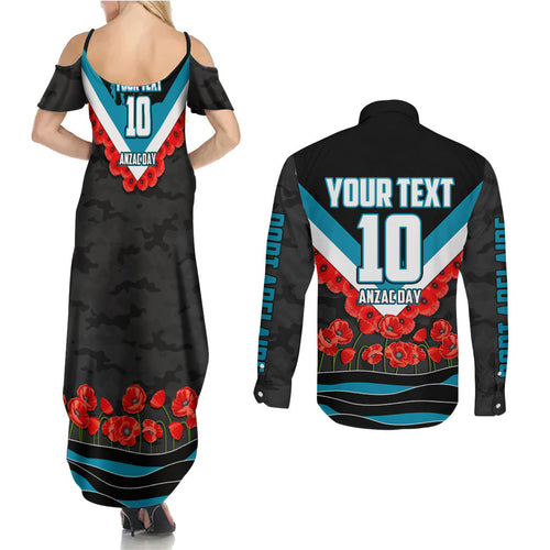 Personalised Port Adelaide Power ANZAC Couples Matching Summer Maxi Dress and Long Sleeve Button Shirt Military Remembrance Australian Football Mascot Camouflage
