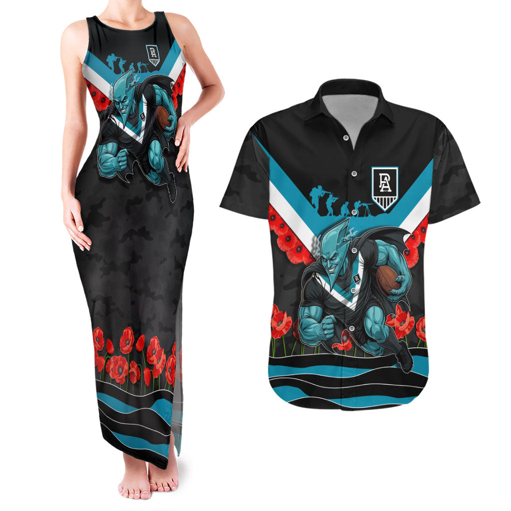 Personalised Port Adelaide Power ANZAC Couples Matching Tank Maxi Dress and Hawaiian Shirt Military Remembrance Australian Football Mascot Camouflage