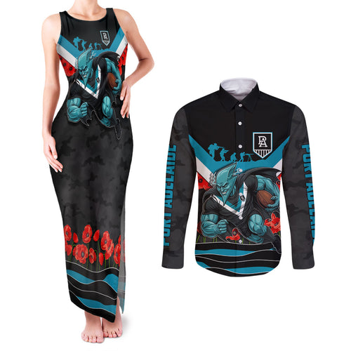Personalised Port Adelaide Power ANZAC Couples Matching Tank Maxi Dress and Long Sleeve Button Shirt Military Remembrance Australian Football Mascot Camouflage