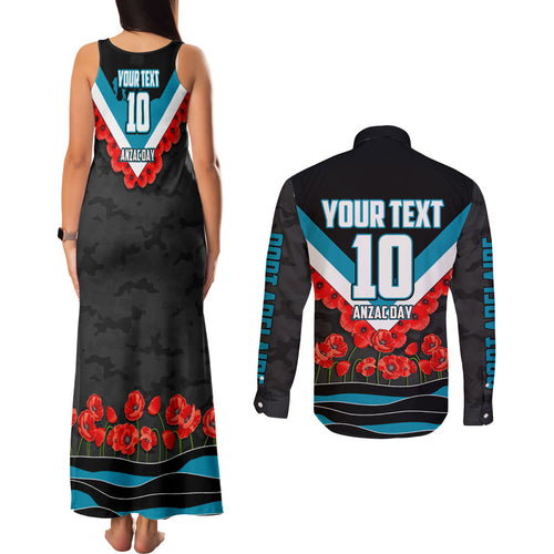 Personalised Port Adelaide Power ANZAC Couples Matching Tank Maxi Dress and Long Sleeve Button Shirt Military Remembrance Australian Football Mascot Camouflage