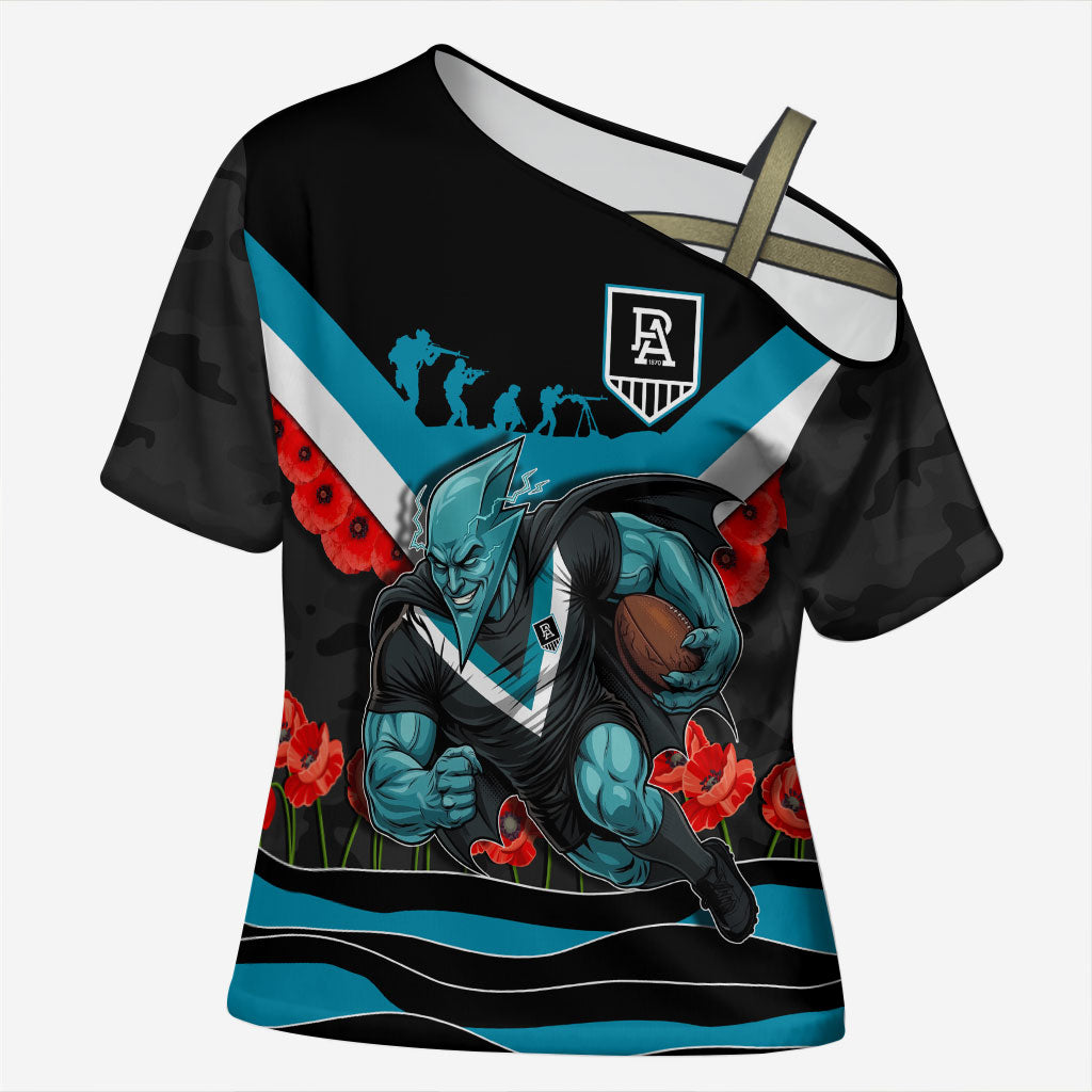 Personalised Port Adelaide Power ANZAC Cross Shoulder Shirt Military Remembrance Australian Football Mascot Camouflage