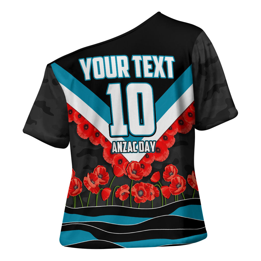 Personalised Port Adelaide Power ANZAC Cross Shoulder Shirt Military Remembrance Australian Football Mascot Camouflage