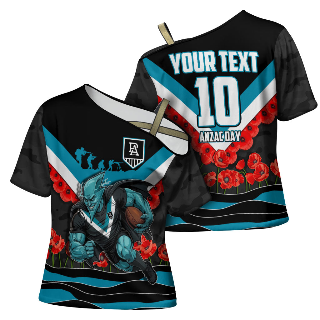 Personalised Port Adelaide Power ANZAC Cross Shoulder Shirt Military Remembrance Australian Football Mascot Camouflage