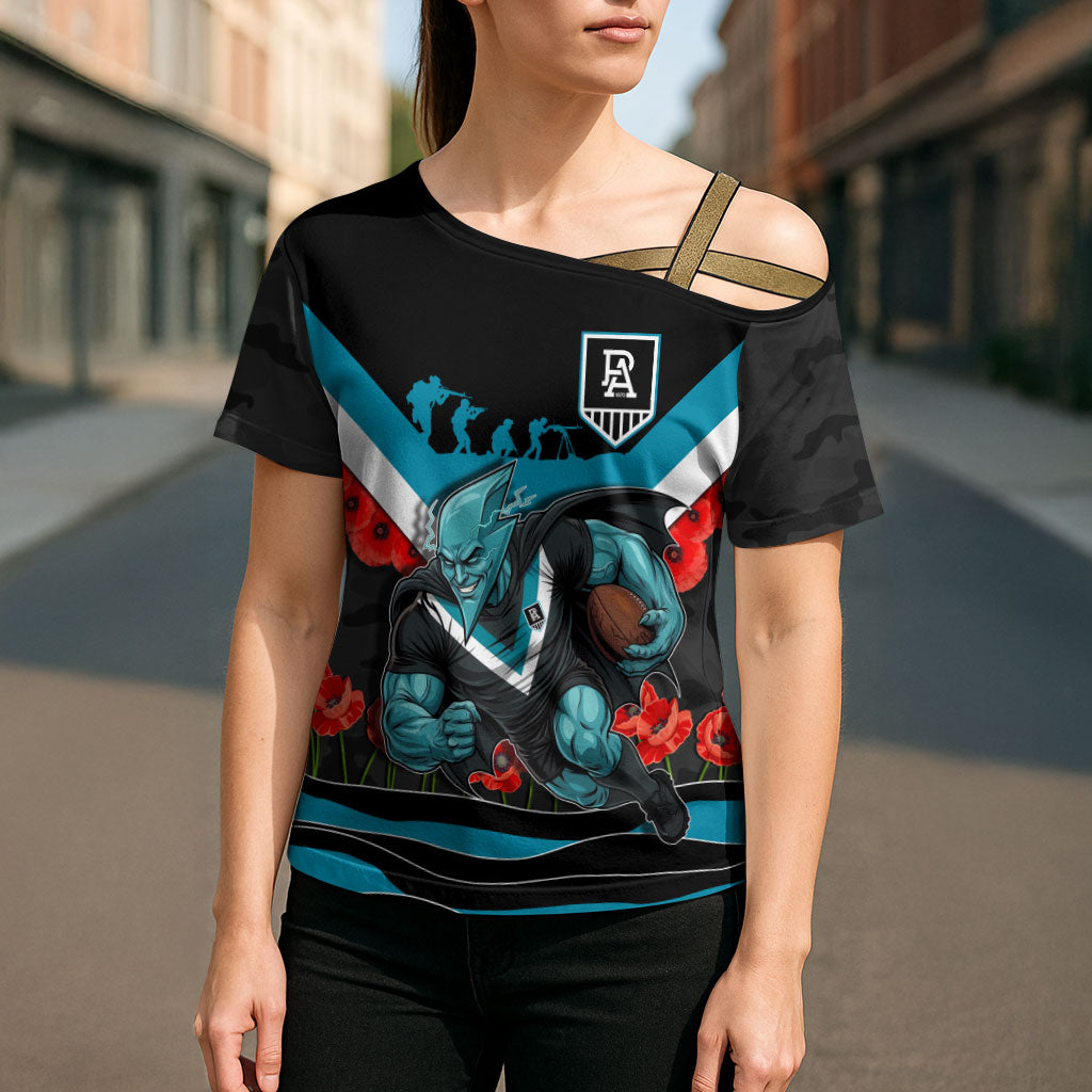 Personalised Port Adelaide Power ANZAC Cross Shoulder Shirt Military Remembrance Australian Football Mascot Camouflage