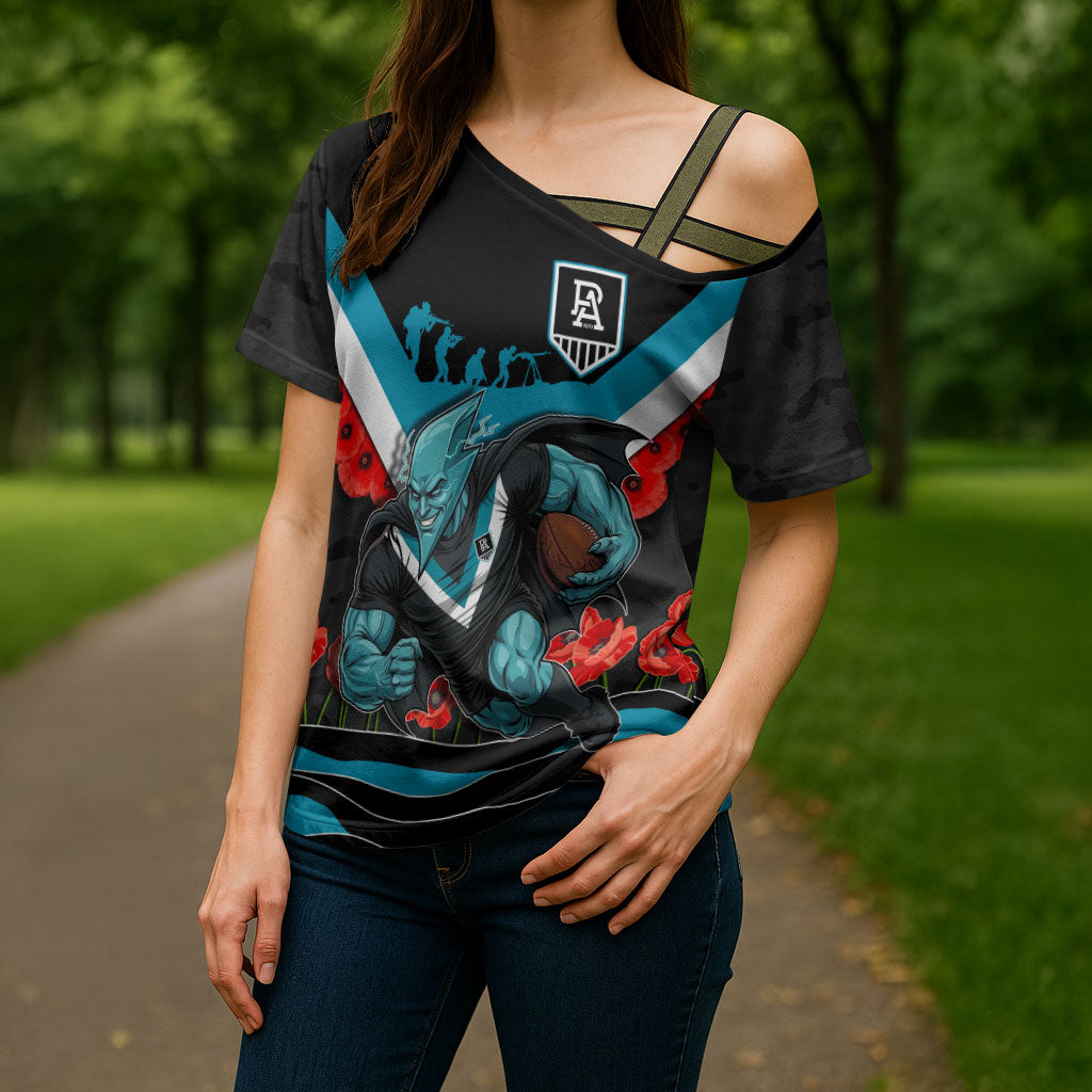 Personalised Port Adelaide Power ANZAC Cross Shoulder Shirt Military Remembrance Australian Football Mascot Camouflage