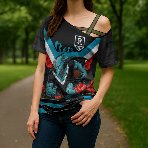 Personalised Port Adelaide Power ANZAC Cross Shoulder Shirt Military Remembrance Australian Football Mascot Camouflage