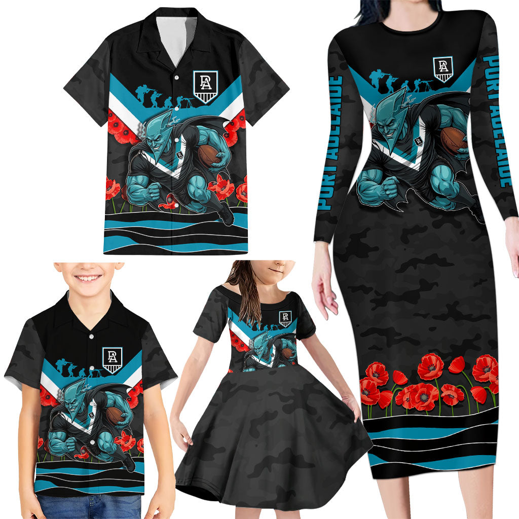 Personalised Port Adelaide Power ANZAC Family Matching Long Sleeve Bodycon Dress and Hawaiian Shirt Military Remembrance Australian Football Mascot Camouflage