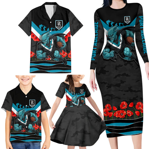 Personalised Port Adelaide Power ANZAC Family Matching Long Sleeve Bodycon Dress and Hawaiian Shirt Military Remembrance Australian Football Mascot Camouflage
