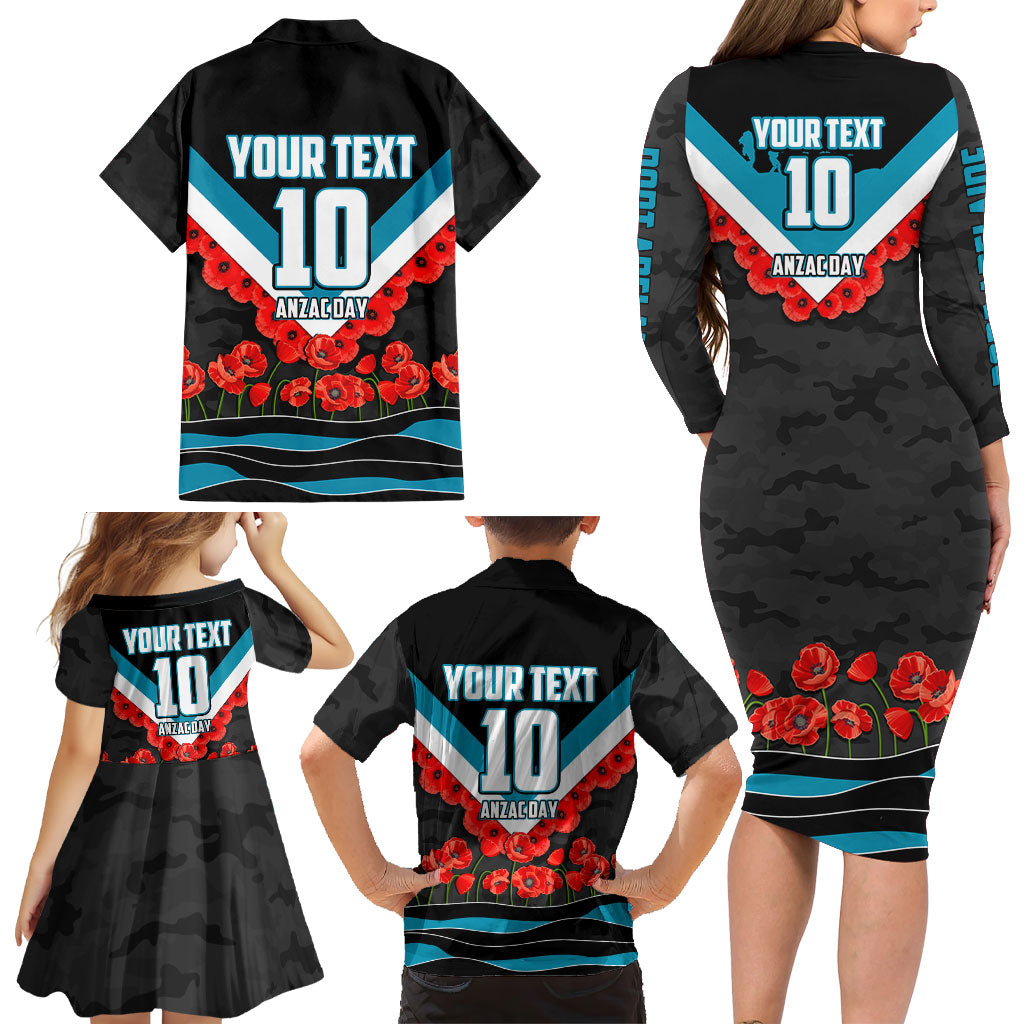 Personalised Port Adelaide Power ANZAC Family Matching Long Sleeve Bodycon Dress and Hawaiian Shirt Military Remembrance Australian Football Mascot Camouflage