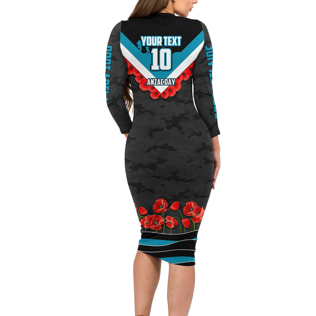 Personalised Port Adelaide Power ANZAC Family Matching Long Sleeve Bodycon Dress and Hawaiian Shirt Military Remembrance Australian Football Mascot Camouflage