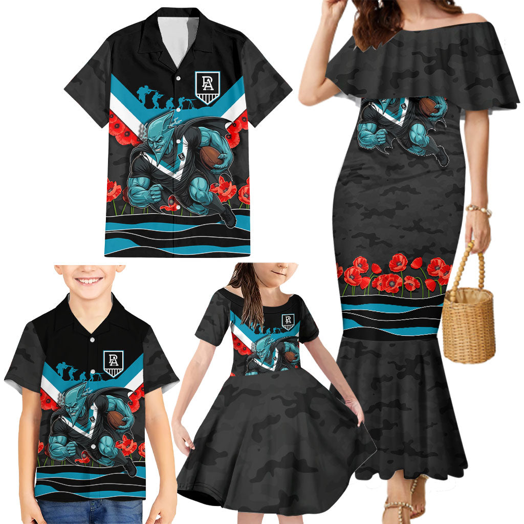 Personalised Port Adelaide Power ANZAC Family Matching Mermaid Dress and Hawaiian Shirt Military Remembrance Australian Football Mascot Camouflage