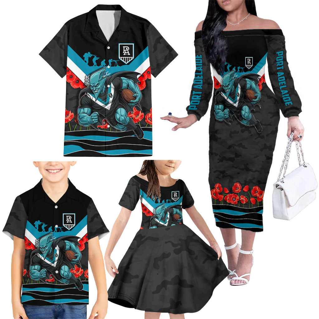 Personalised Port Adelaide Power ANZAC Family Matching Off The Shoulder Long Sleeve Dress and Hawaiian Shirt Military Remembrance Australian Football Mascot Camouflage