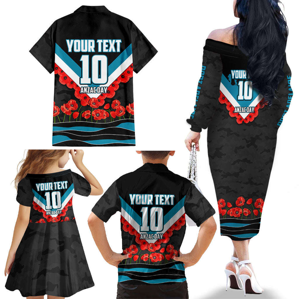 Personalised Port Adelaide Power ANZAC Family Matching Off The Shoulder Long Sleeve Dress and Hawaiian Shirt Military Remembrance Australian Football Mascot Camouflage