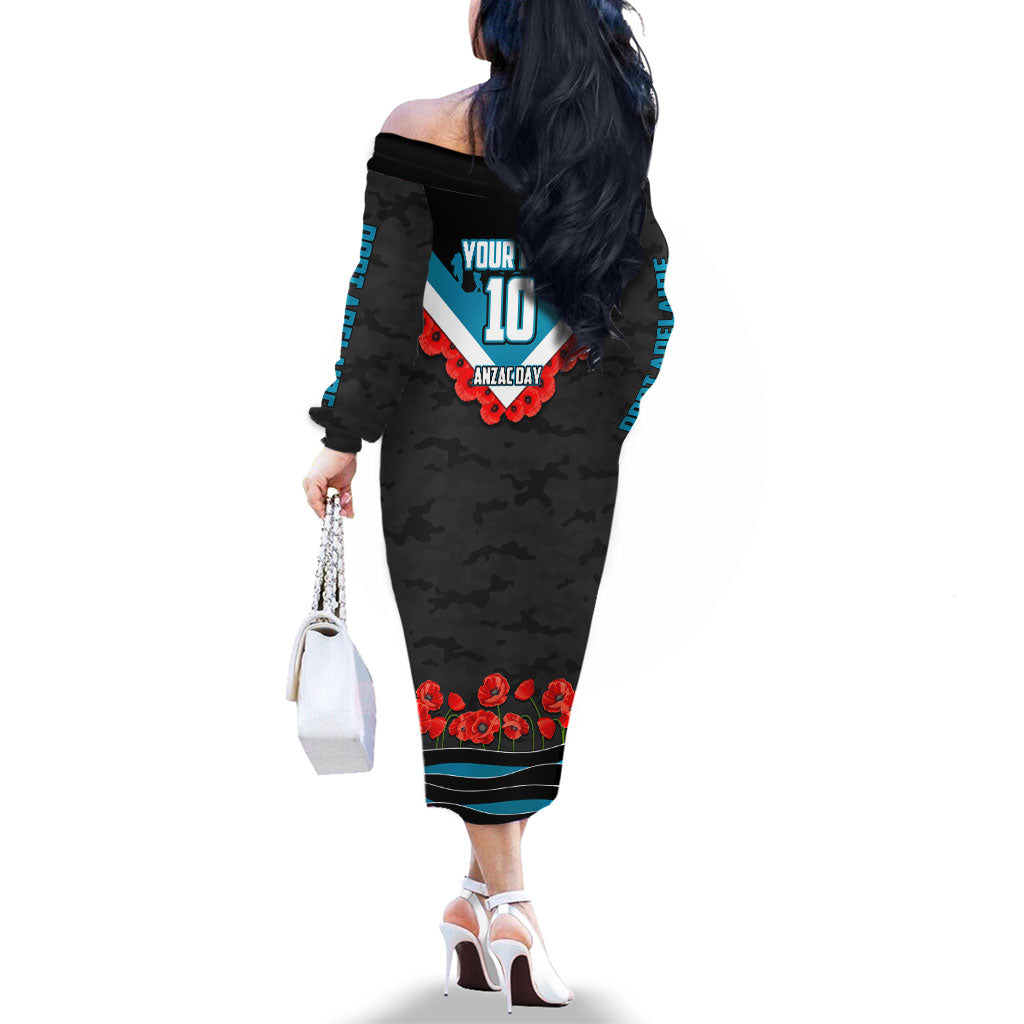 Personalised Port Adelaide Power ANZAC Family Matching Off The Shoulder Long Sleeve Dress and Hawaiian Shirt Military Remembrance Australian Football Mascot Camouflage