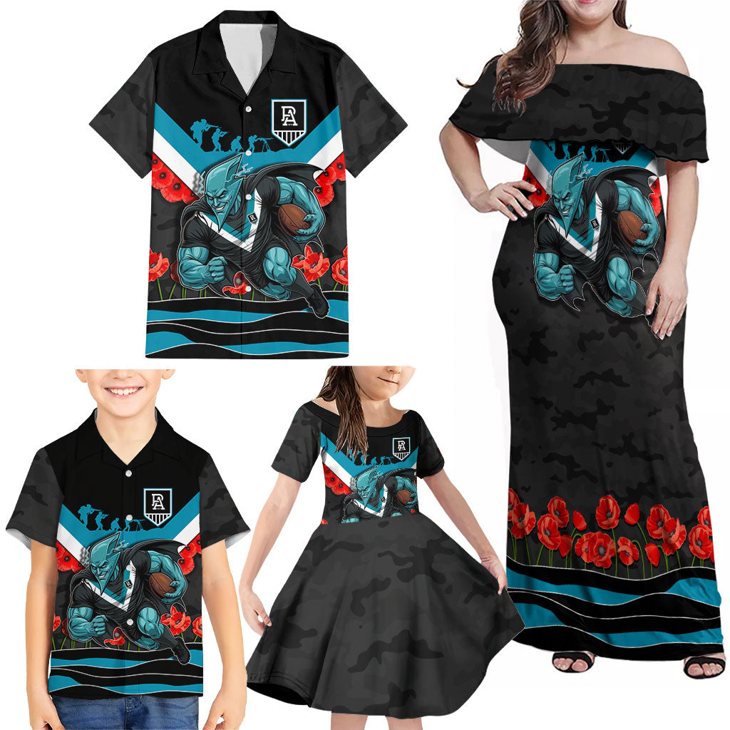 Personalised Port Adelaide Power ANZAC Family Matching Off Shoulder Maxi Dress and Hawaiian Shirt Military Remembrance Australian Football Mascot Camouflage