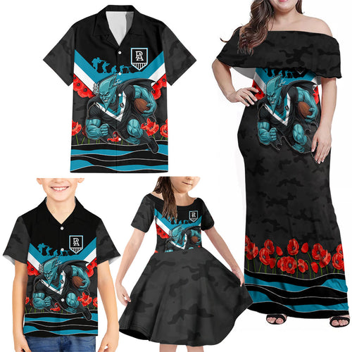 Personalised Port Adelaide Power ANZAC Family Matching Off Shoulder Maxi Dress and Hawaiian Shirt Military Remembrance Australian Football Mascot Camouflage