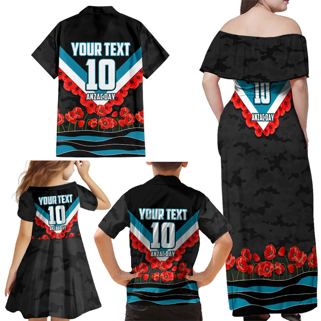 Personalised Port Adelaide Power ANZAC Family Matching Off Shoulder Maxi Dress and Hawaiian Shirt Military Remembrance Australian Football Mascot Camouflage