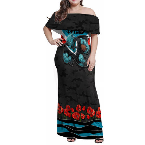 Personalised Port Adelaide Power ANZAC Family Matching Off Shoulder Maxi Dress and Hawaiian Shirt Military Remembrance Australian Football Mascot Camouflage