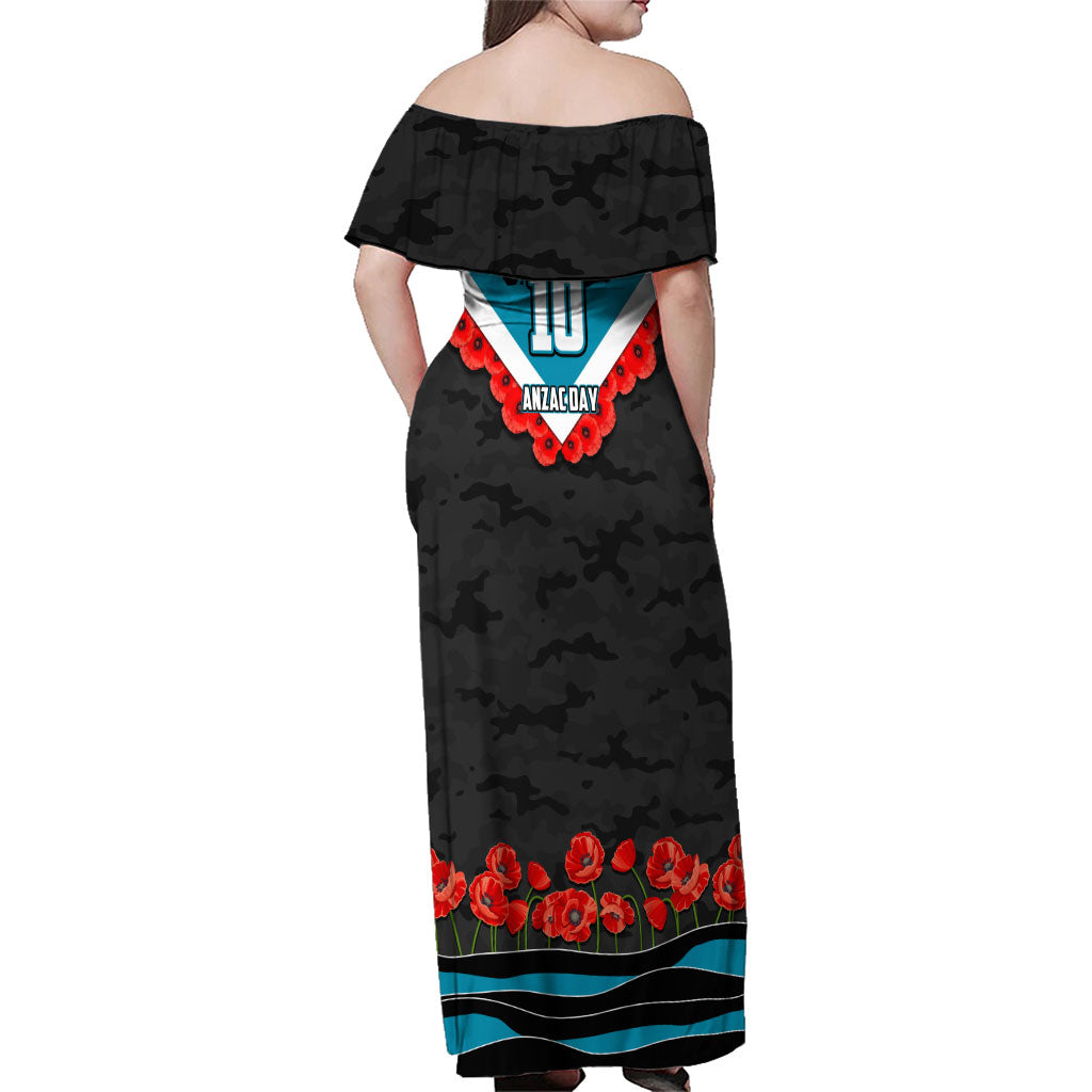 Personalised Port Adelaide Power ANZAC Family Matching Off Shoulder Maxi Dress and Hawaiian Shirt Military Remembrance Australian Football Mascot Camouflage