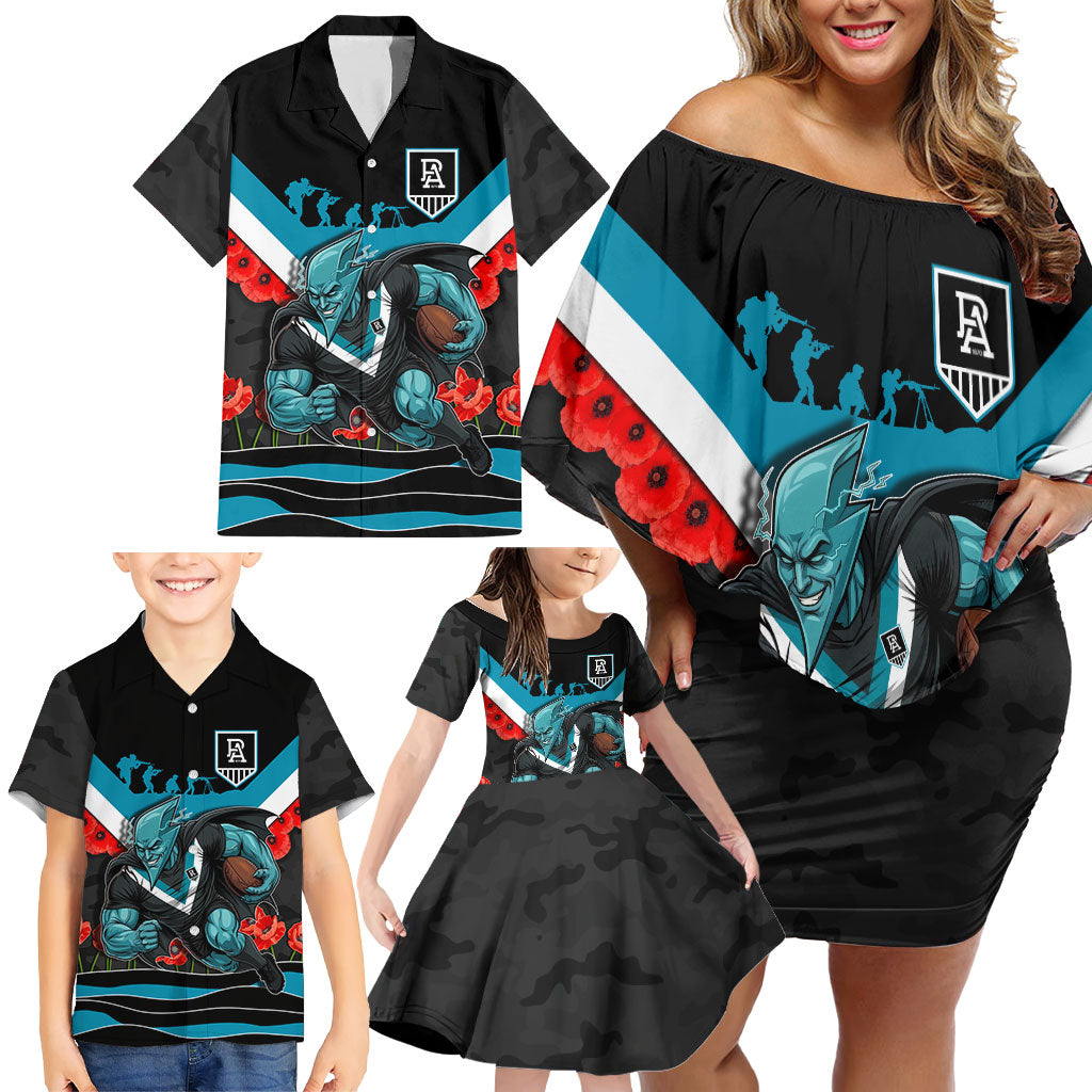 Personalised Port Adelaide Power ANZAC Family Matching Off Shoulder Short Dress and Hawaiian Shirt Military Remembrance Australian Football Mascot Camouflage