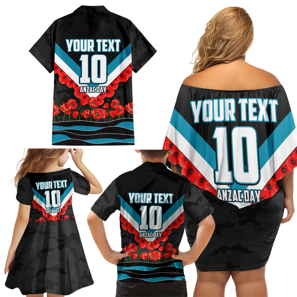 Personalised Port Adelaide Power ANZAC Family Matching Off Shoulder Short Dress and Hawaiian Shirt Military Remembrance Australian Football Mascot Camouflage