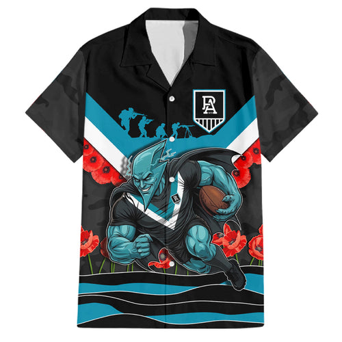 Personalised Port Adelaide Power ANZAC Family Matching Off Shoulder Short Dress and Hawaiian Shirt Military Remembrance Australian Football Mascot Camouflage