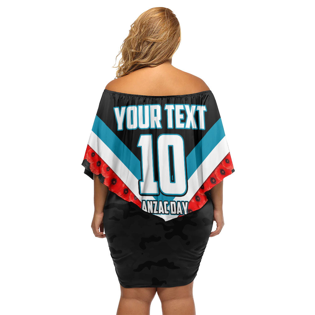 Personalised Port Adelaide Power ANZAC Family Matching Off Shoulder Short Dress and Hawaiian Shirt Military Remembrance Australian Football Mascot Camouflage