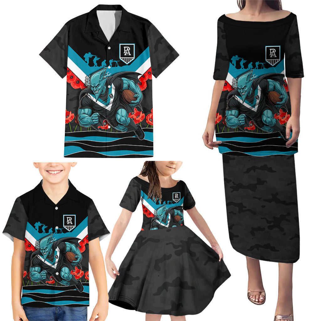 Personalised Port Adelaide Power ANZAC Family Matching Puletasi and Hawaiian Shirt Military Remembrance Australian Football Mascot Camouflage