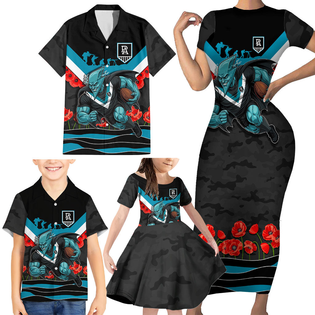 Personalised Port Adelaide Power ANZAC Family Matching Short Sleeve Bodycon Dress and Hawaiian Shirt Military Remembrance Australian Football Mascot Camouflage