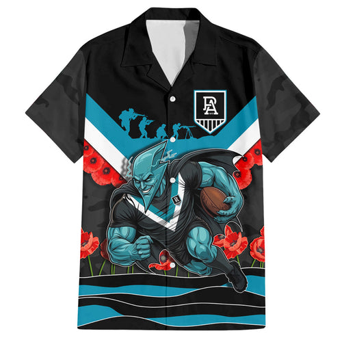 Personalised Port Adelaide Power ANZAC Hawaiian Shirt Military Remembrance Australian Football Mascot Camouflage