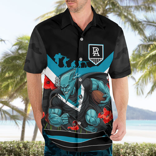 Personalised Port Adelaide Power ANZAC Hawaiian Shirt Military Remembrance Australian Football Mascot Camouflage
