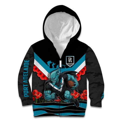 Personalised Port Adelaide Power ANZAC Kid Hoodie Military Remembrance Australian Football Mascot Camouflage