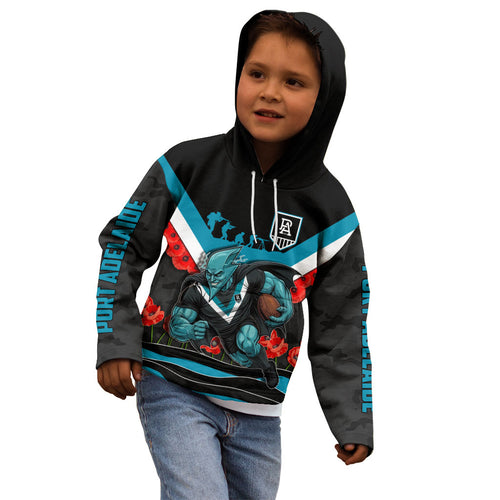 Personalised Port Adelaide Power ANZAC Kid Hoodie Military Remembrance Australian Football Mascot Camouflage