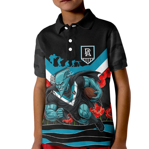 Personalised Port Adelaide Power ANZAC Kid Polo Shirt Military Remembrance Australian Football Mascot Camouflage