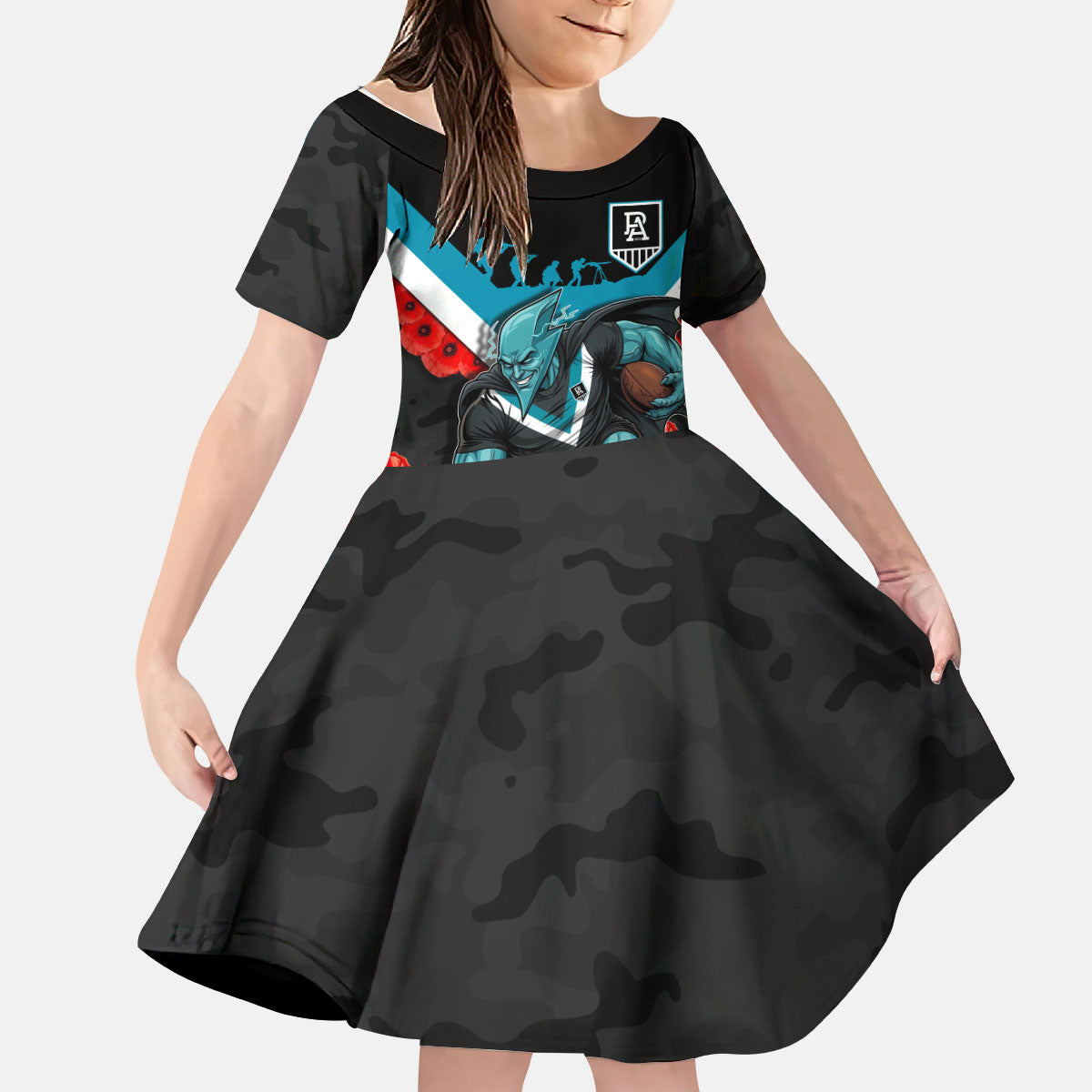 Personalised Port Adelaide Power ANZAC Kid Short Sleeve Dress Military Remembrance Australian Football Mascot Camouflage