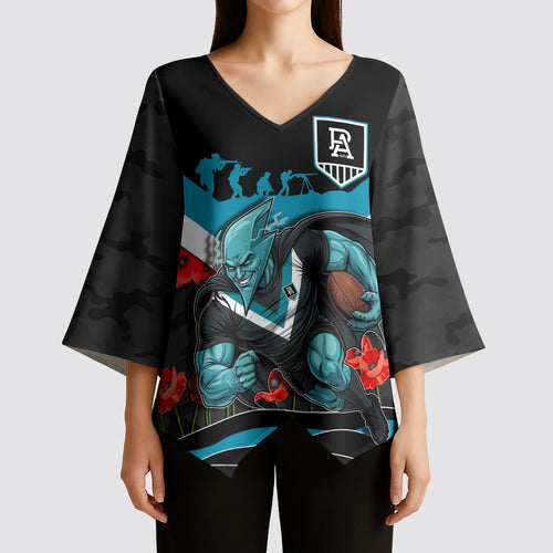 Personalised Port Adelaide Power ANZAC Kimono Sleeve Blouse Military Remembrance Australian Football Mascot Camouflage