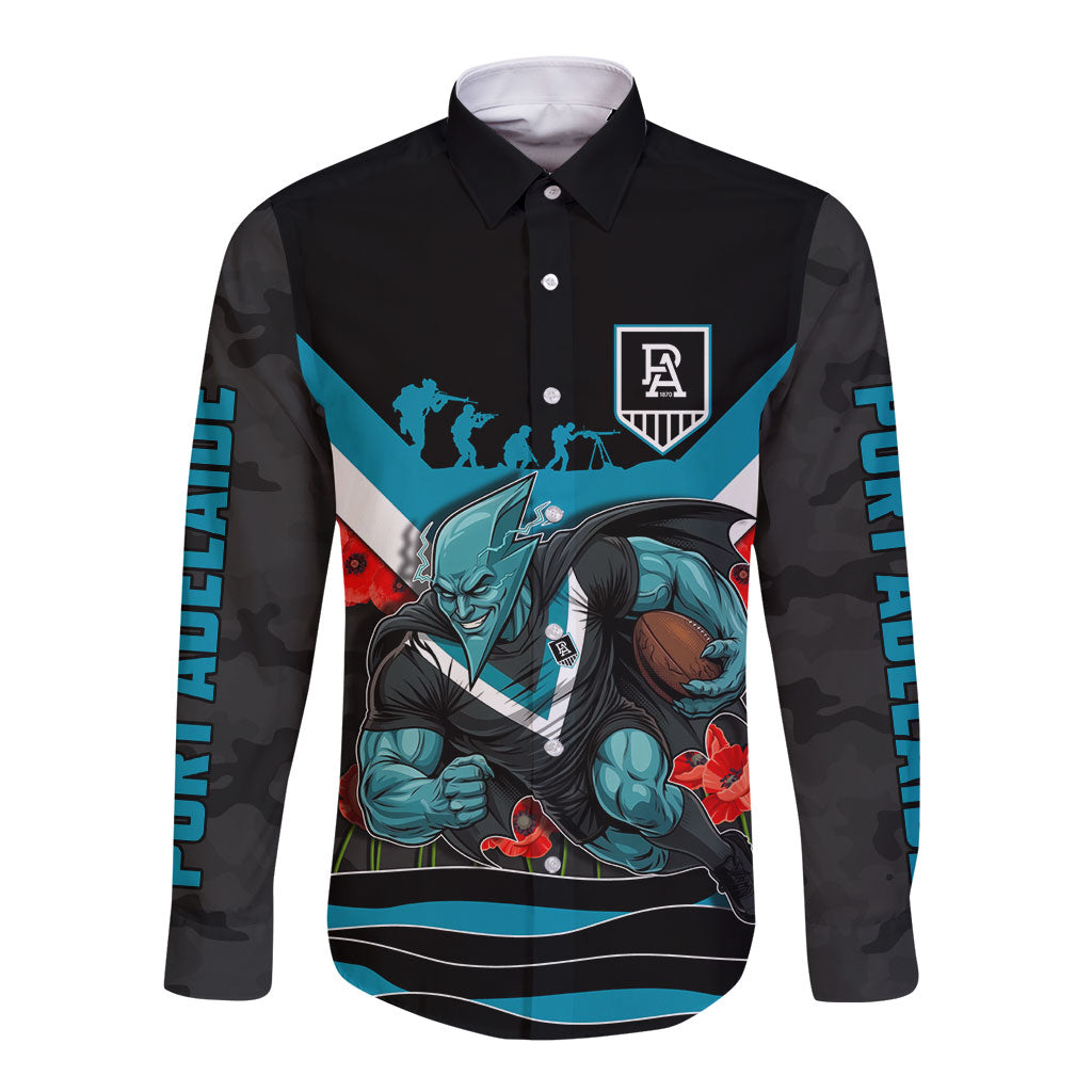 Personalised Port Adelaide Power ANZAC Long Sleeve Button Shirt Military Remembrance Australian Football Mascot Camouflage