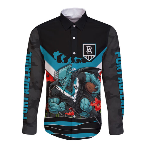 Personalised Port Adelaide Power ANZAC Long Sleeve Button Shirt Military Remembrance Australian Football Mascot Camouflage