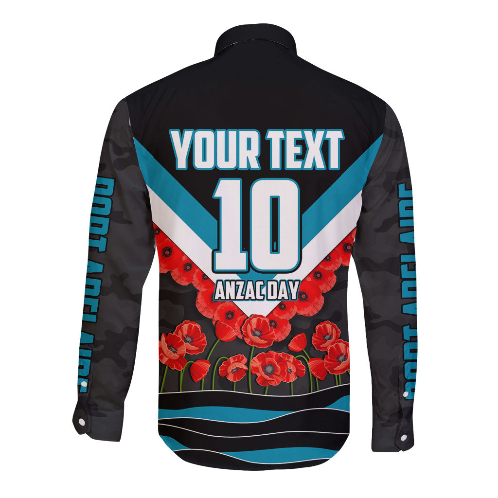 Personalised Port Adelaide Power ANZAC Long Sleeve Button Shirt Military Remembrance Australian Football Mascot Camouflage